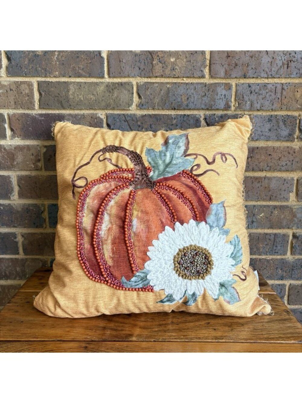 THE FARMHOUSE by Rachel Ashwell Beaded Embroidered Fall Pumpkin Pillow 19”x19”